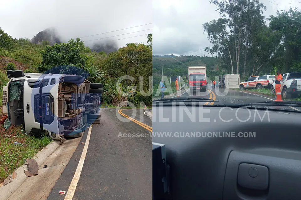 Caminhão perde o freio e tomba em rodovia na cidade de Itarana-ES