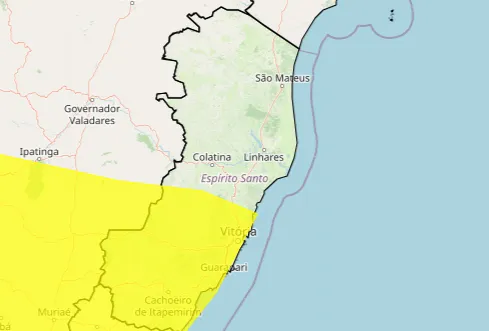 Baixo Guandu e mais 48 cidades estão em alerta amarelo de chuvas intensas