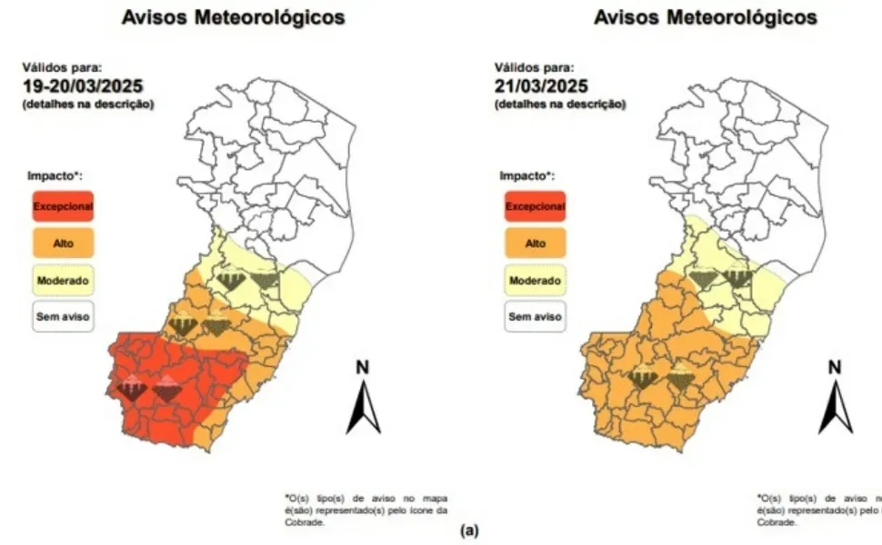 Cidades do ES em Alerta Laranja e Amarelo para chuvas intensas. Confira a lista: