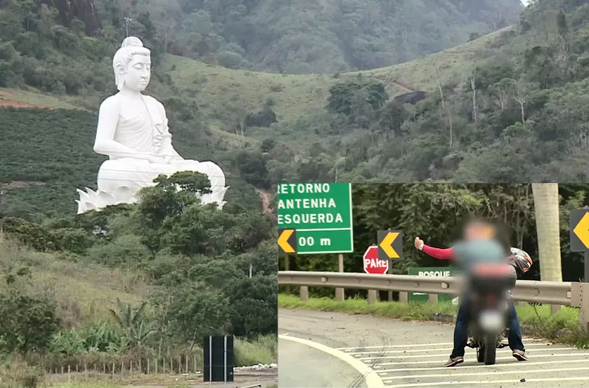 Mesmo com morte de turista, motoristas se arriscam em manobras perigosas na BR-101 para tirar fotos do Buda Gigante no ES
