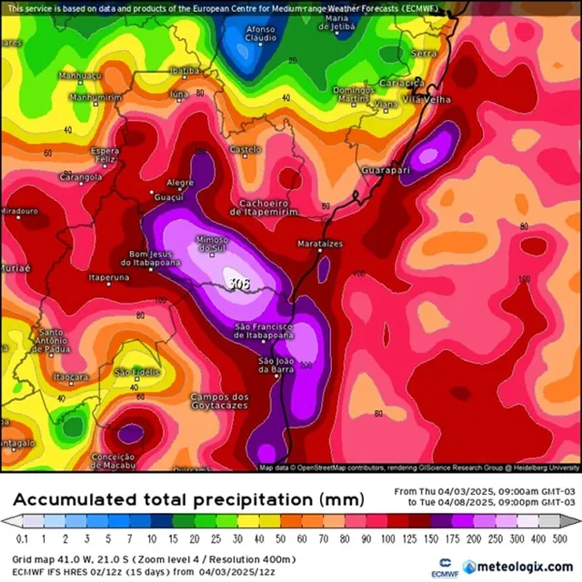 Alerta de Chuva Forte I Mapa meteorológico indica tempestade acima de 300mm para Mimoso do Sul no ES