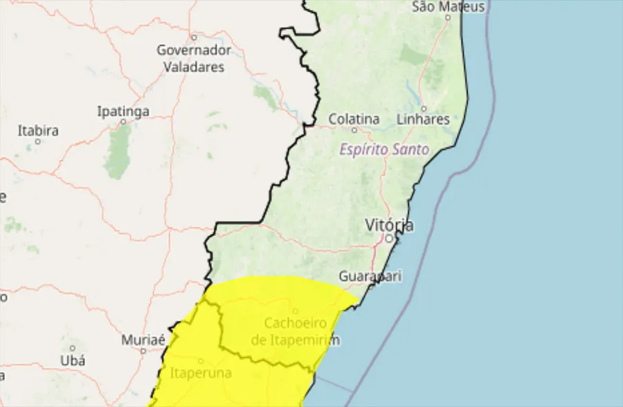 Instituto emite alerta de chuvas intensas e ventos de até 60 km/h em municípios do ES
