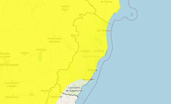 Baixo Guandu, Colatina, Itaguaçu e Afonso Cláudio em alerta amarelo para chuva segundo o Inmet; confira a lista;